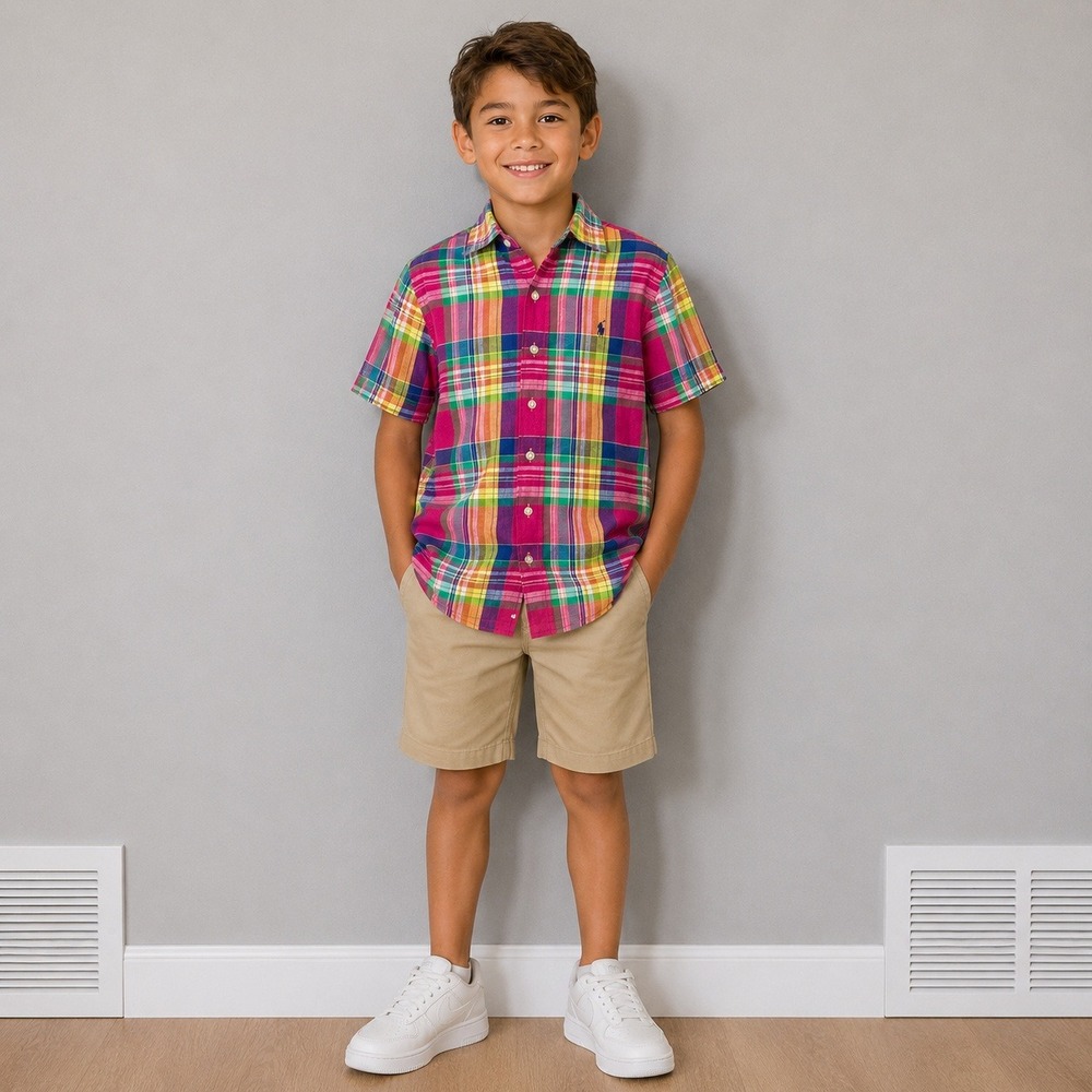 Polo Ralph Lauren Boys M 10-12 Linen Plaid Short Sleeve Button Up Shirt Multi